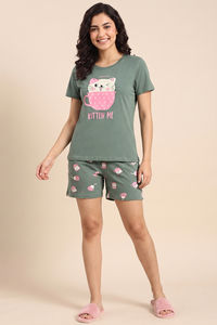 Zivame Farm Lore Knit Cotton Short Set - Iceberg Green — thumbnail 2